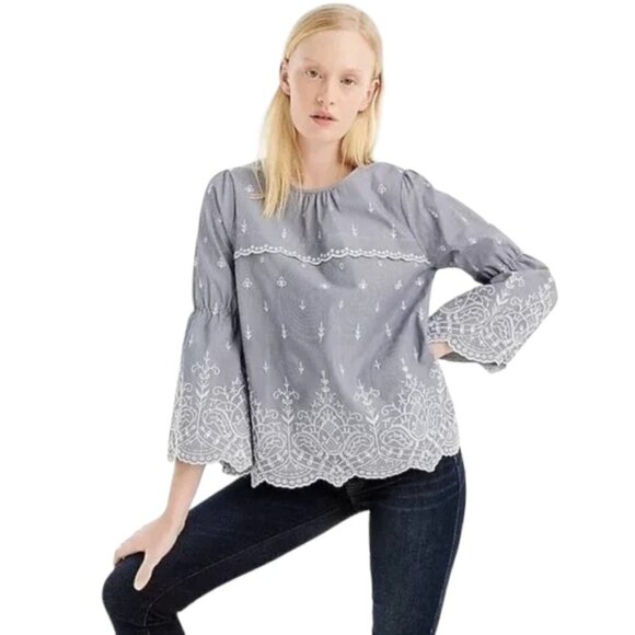J. Crew Embroidered Eyelet Bell Sleeve Blue White Stripe Top - Picture 1 of 11